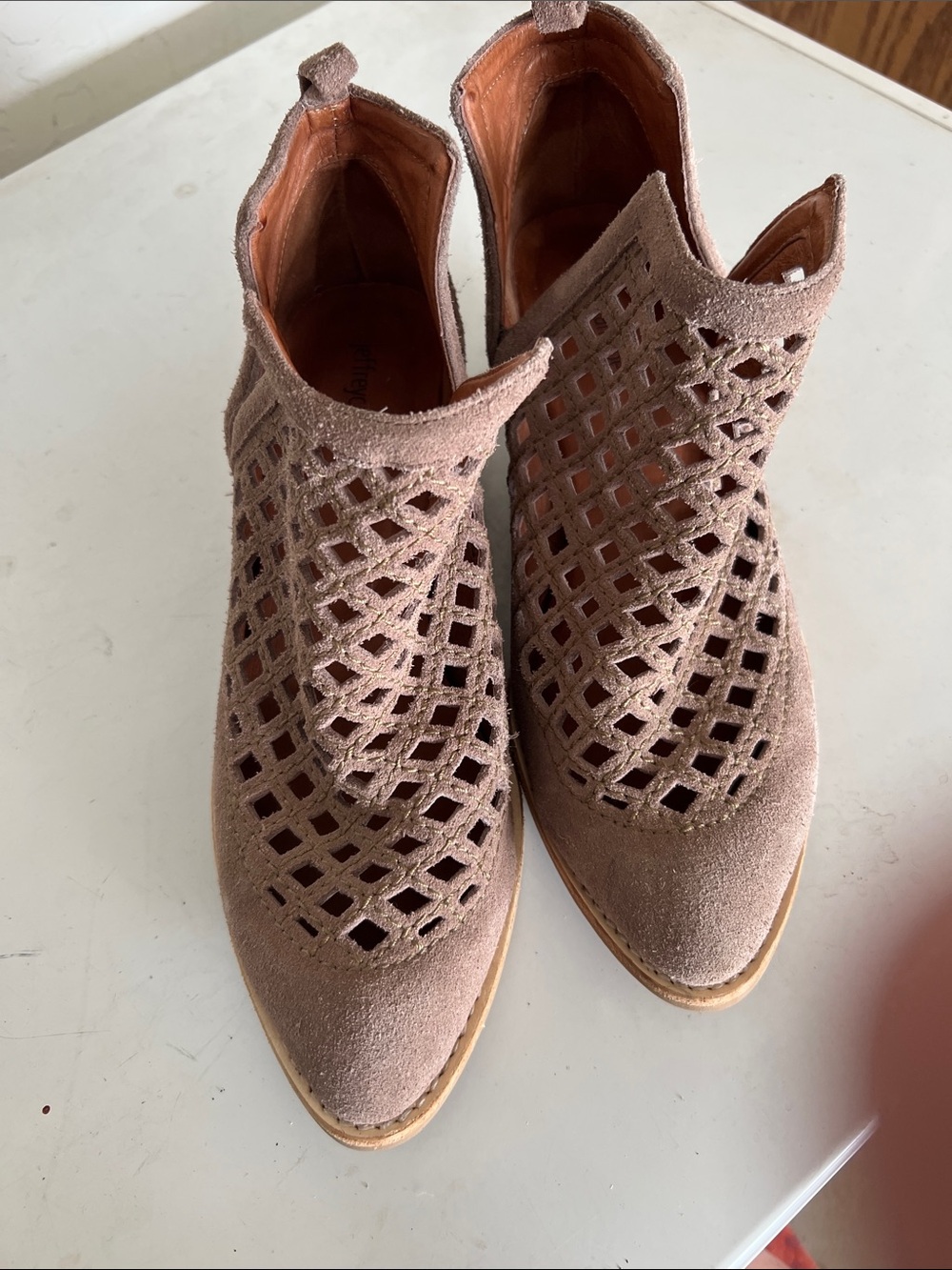 Jeffrey Campbell Taupe Suede Laser-Cut Ankle Booties